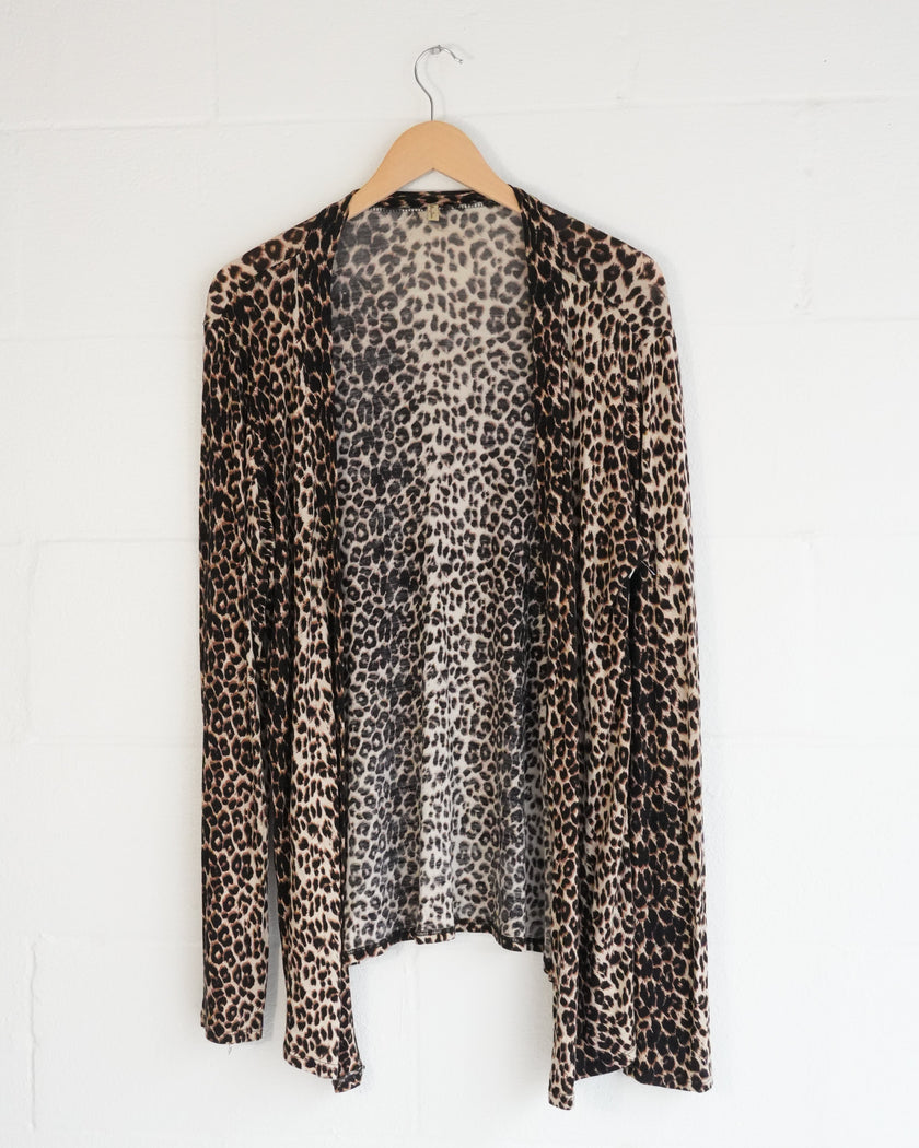 Reflex Jeans Cardigan Women Medium Brown Leopard Print Open Front Long Sleeve