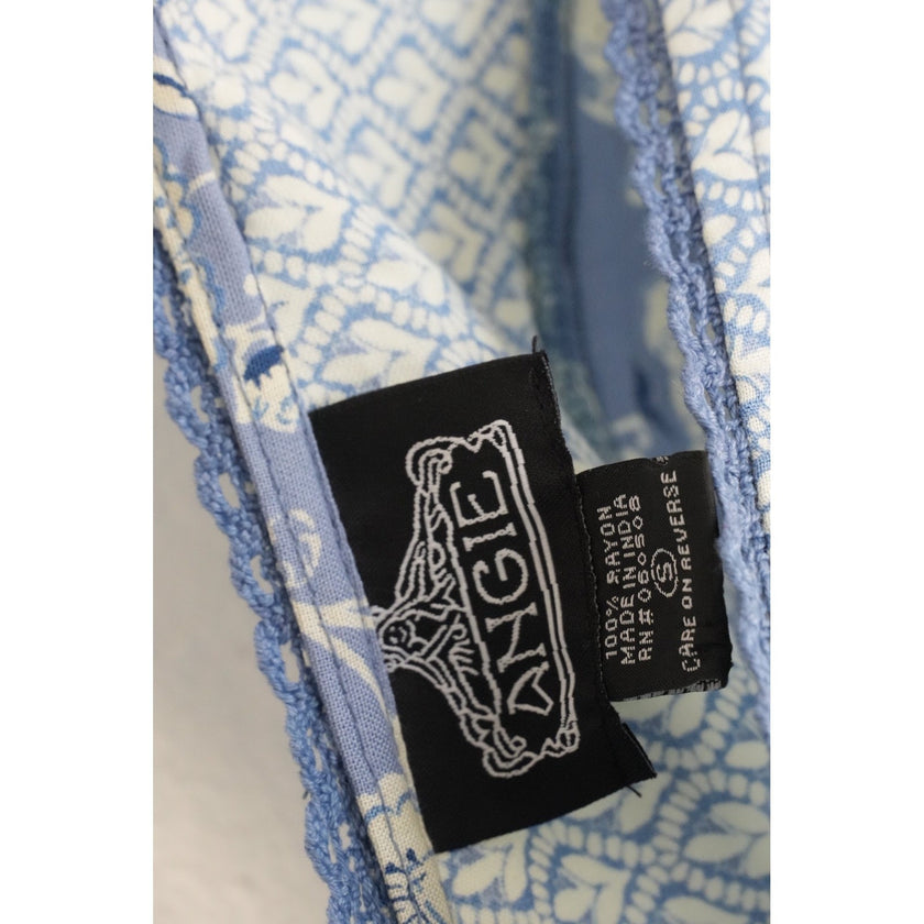 Angie Mini Dress Women Size Small Blue Floral Patchwork Boho Tiered V-Neck Rayon