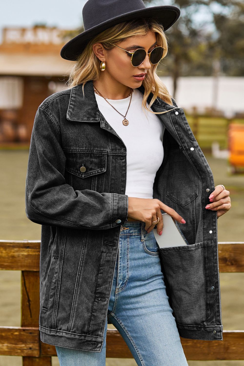 Buttoned Collared Neck Denim Jacket with Pockets (In-Store)