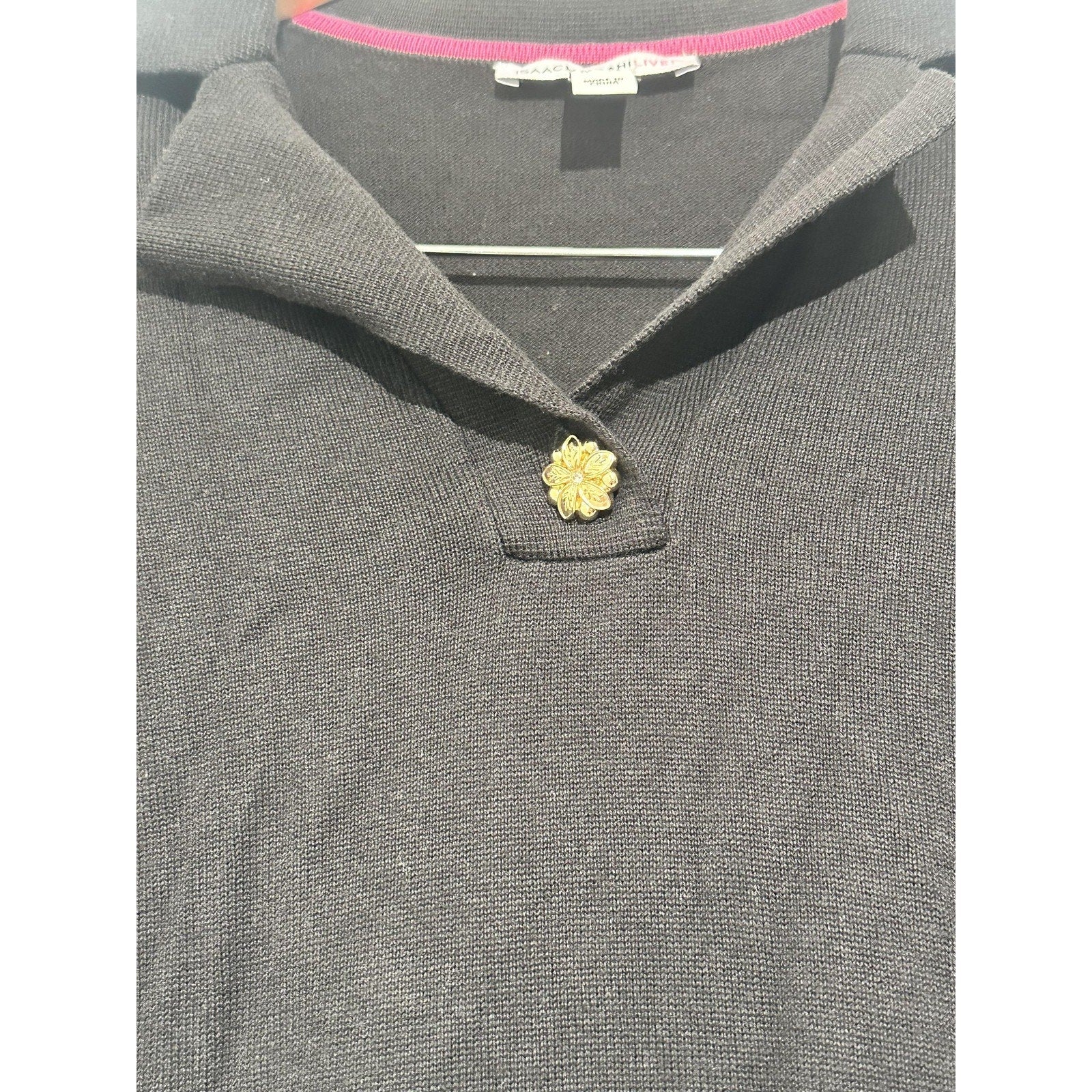 Isaac Mizrahi Live Sweater Womens XXS Black Collared Knit Pullover Gold Button