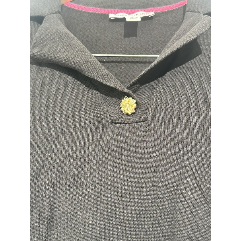 Isaac Mizrahi Live Sweater Womens XXS Black Collared Knit Pullover Gold Button