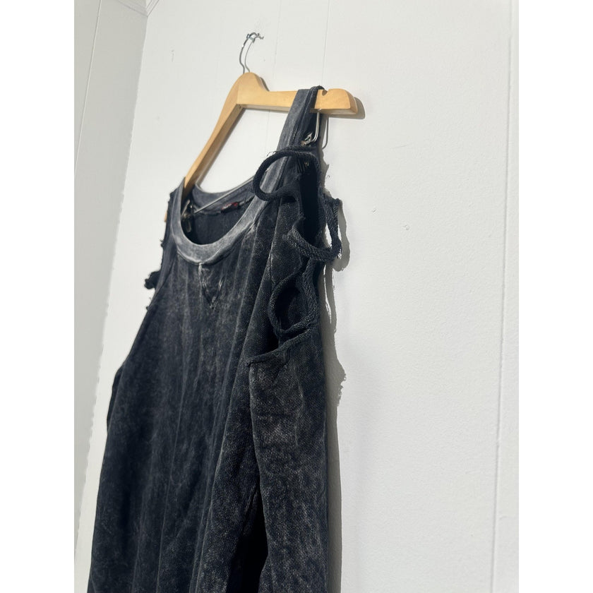 Cold Shoulder Sweatshirt Womens Medium Black Strap Acid Wash Distressed