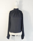 Mono B Cold Shoulder Shear Blouse Medium Gray Mock Neck Pleated Backless Top