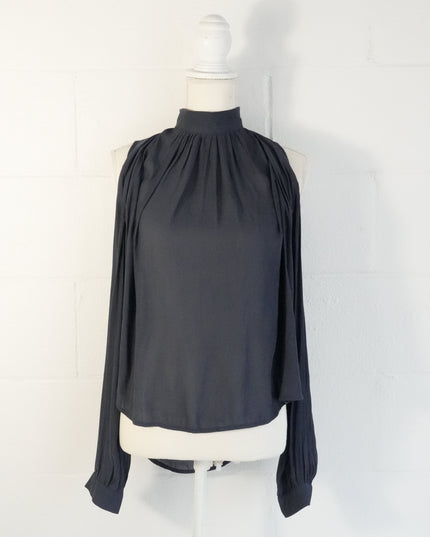 Mono B Cold Shoulder Blouse Women Medium Gray Mock Neck Pleated Backless Top