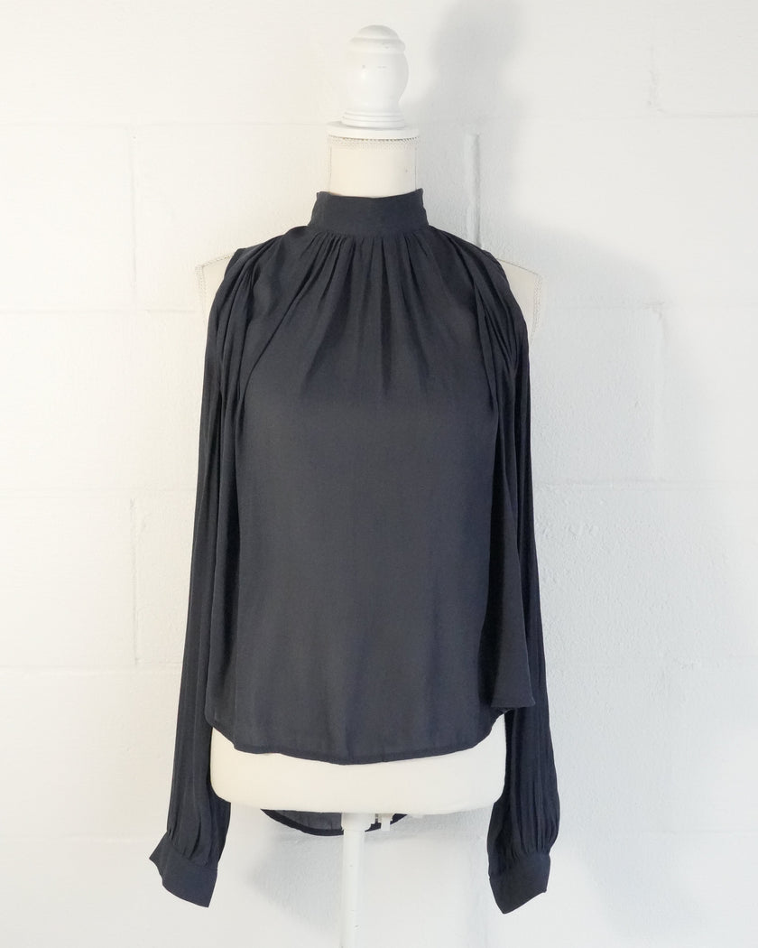 Mono B Cold Shoulder Shear Blouse Medium Gray Mock Neck Pleated Backless Top