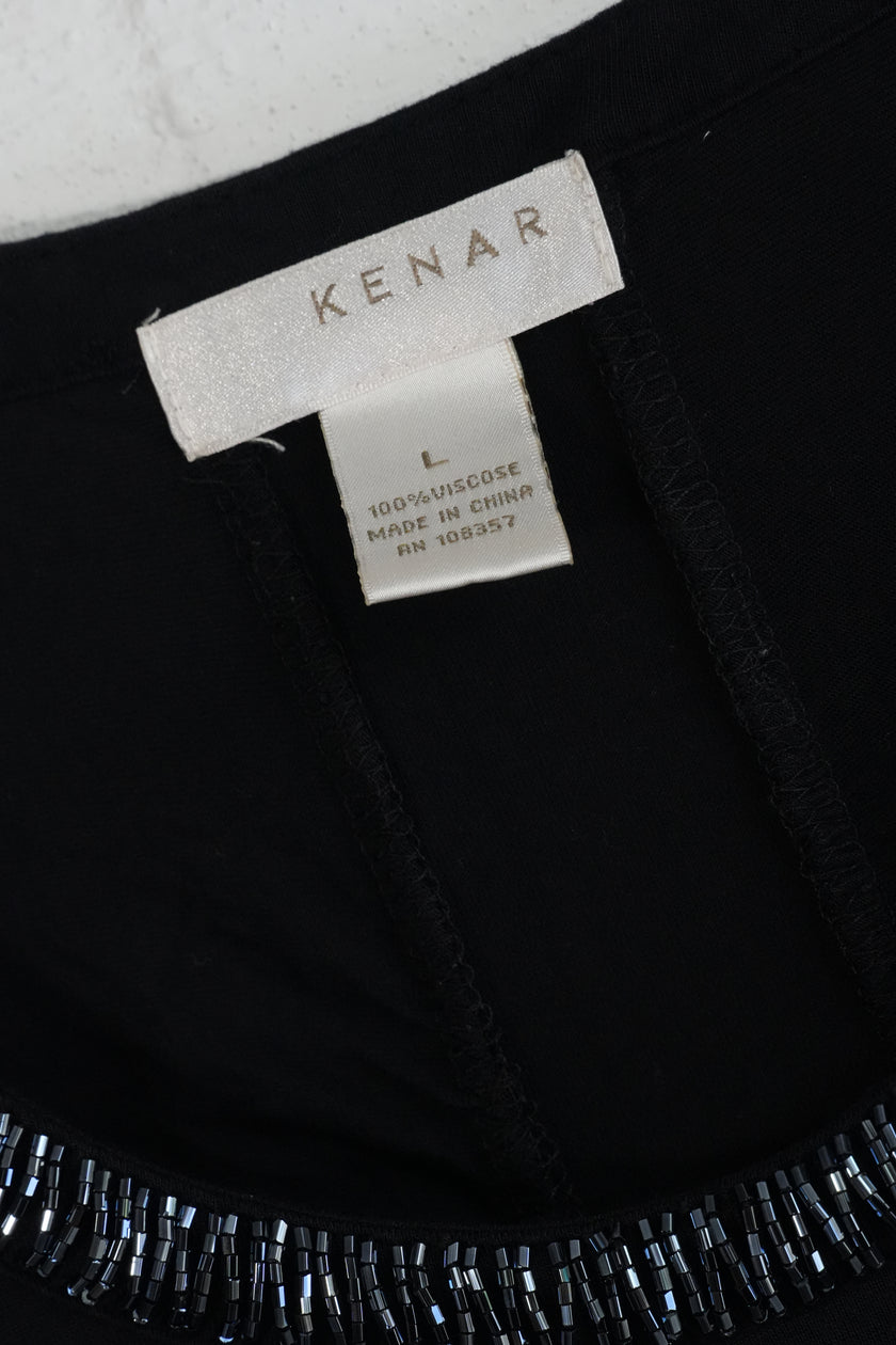 Kenar Tank Top Women Large Black Beaded Neck Ruffle Sleeve Viscose Ruching
