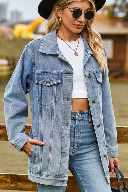 Buttoned Collared Neck Denim Jacket with Pockets (In-Store)