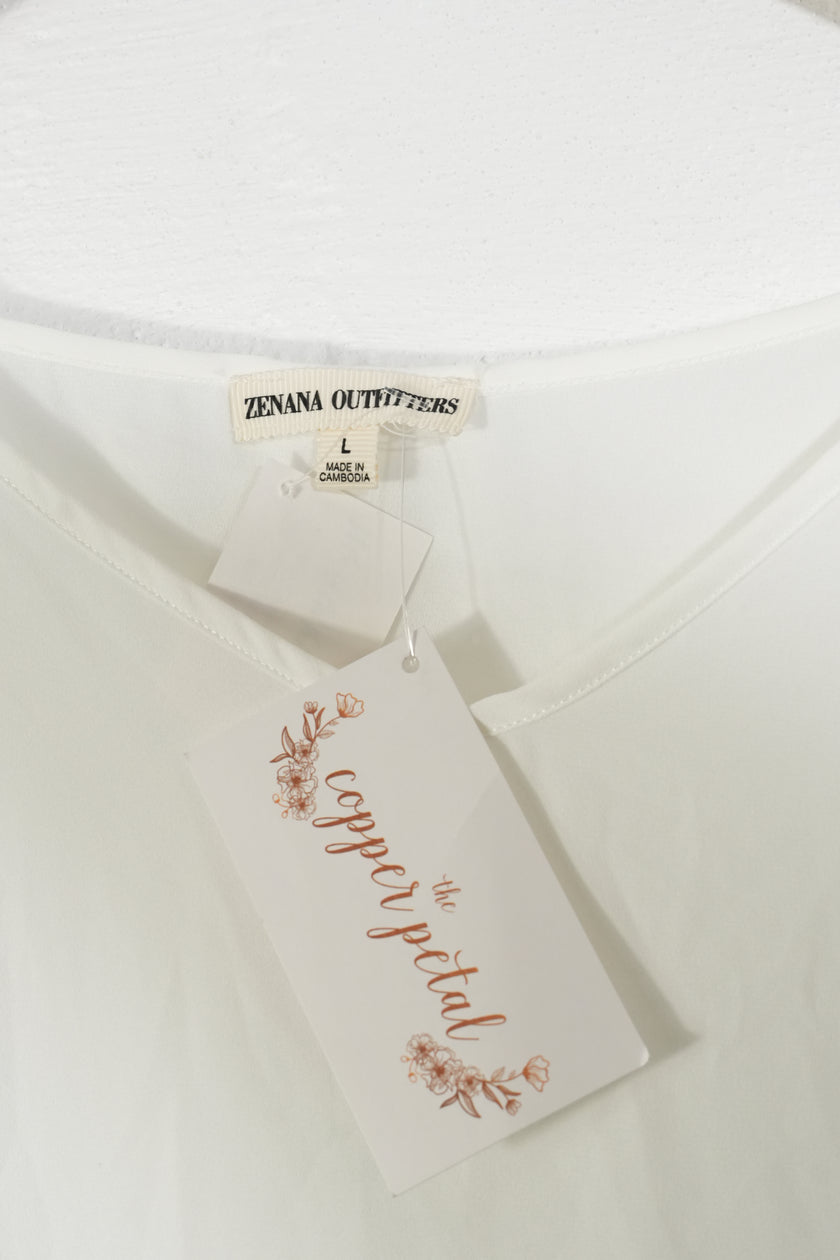 Zenana Outfitters Blouse Women Large White V-Neck Short Sleeve Rolled Cuff Top