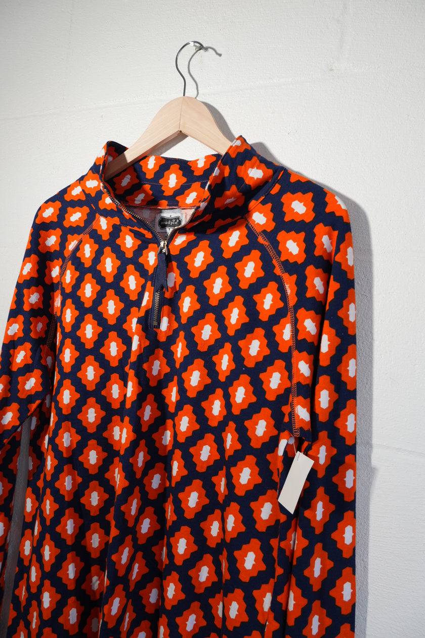 Mud Pie Quarter Zip Pullover Women Large Orange Navy Blue Geometric Print