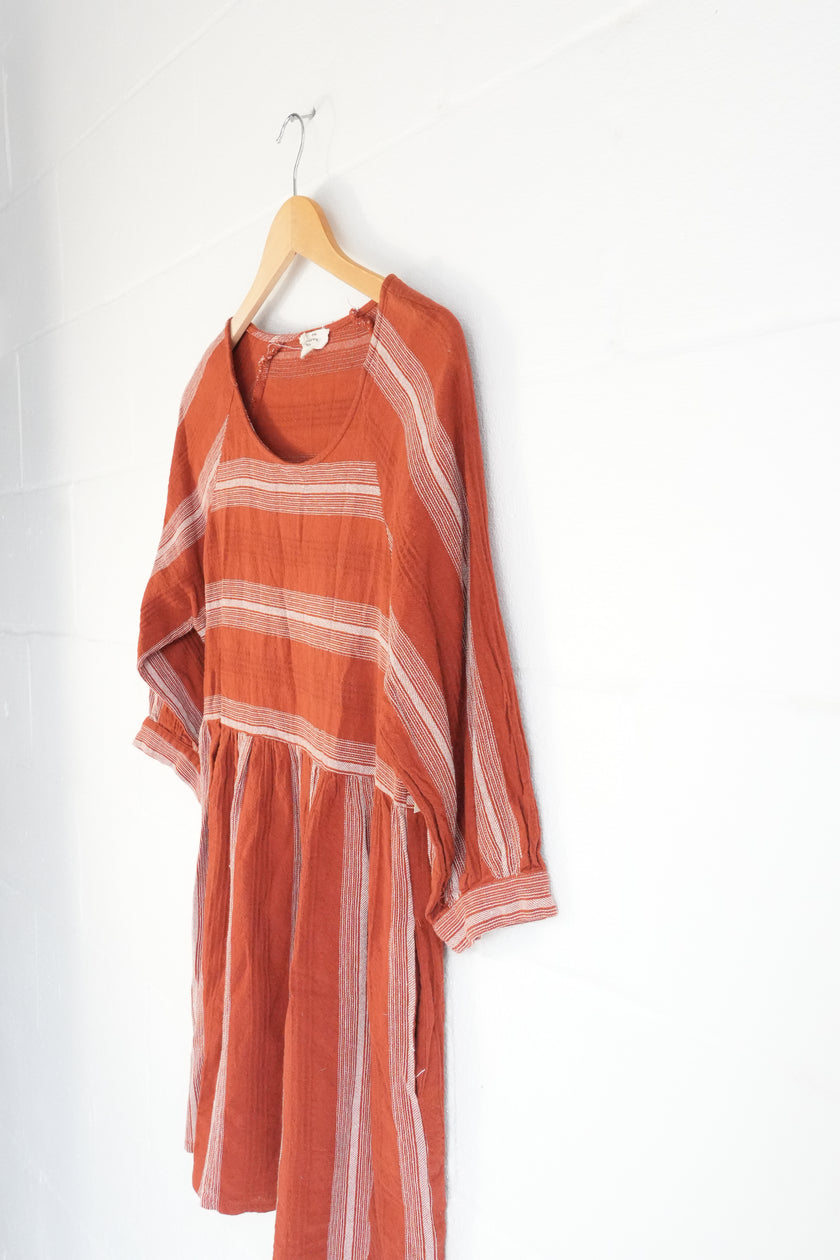 Entro Women Rust Terracotta Striped Babydoll Tunic Dress 3/4 Sleeve Large