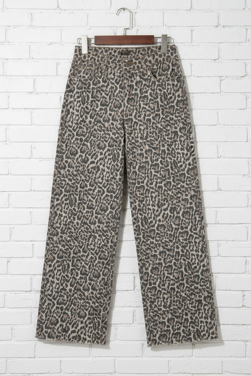 Brown Leopard Frayed Edge Wide Leg High Waist Jeans