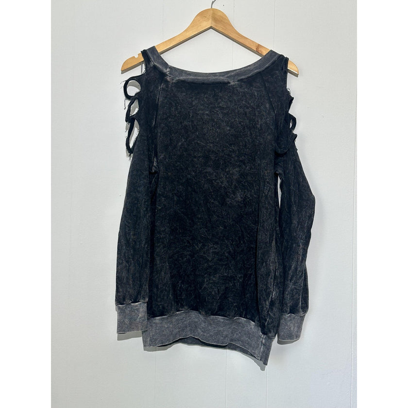 Cold Shoulder Sweatshirt Womens Medium Black Strap Acid Wash Distressed