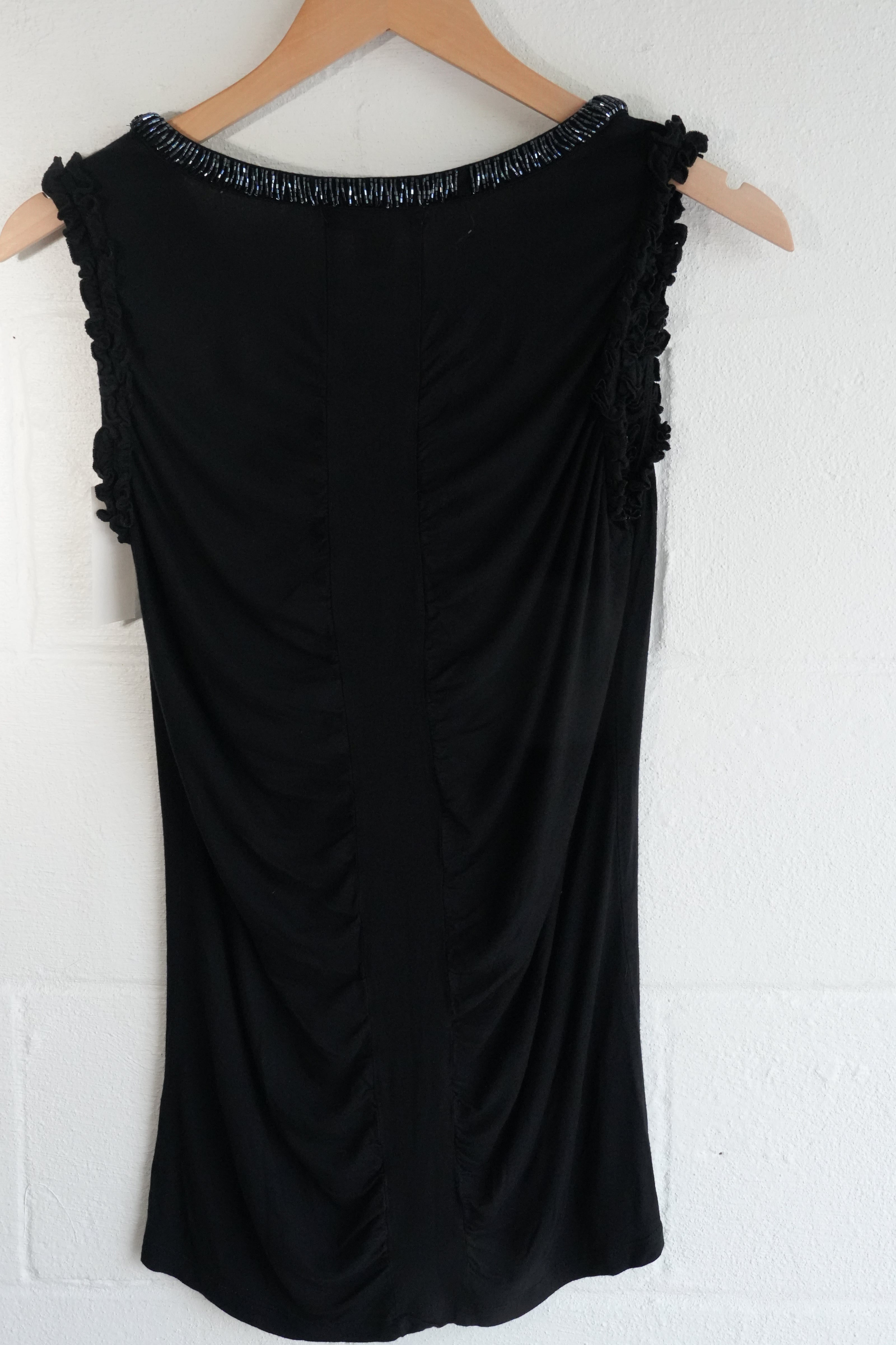 Kenar Tank Top Women Large Black Beaded Neck Ruffle Sleeve Viscose Ruching
