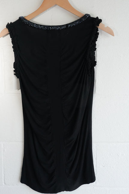 Kenar Tank Top Women Large Black Beaded Neck Ruffle Sleeve Viscose Ruching