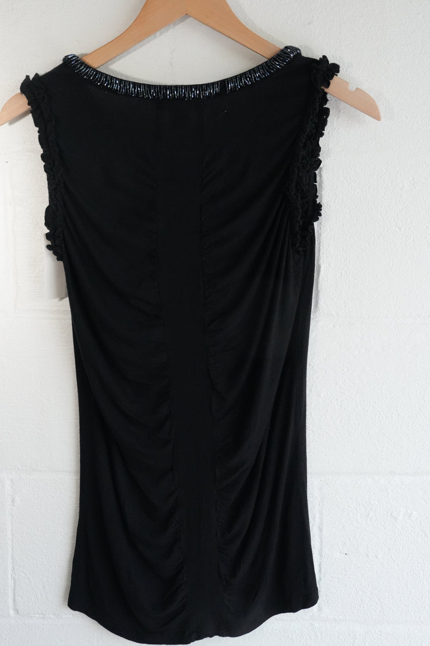 Kenar Tank Top Women Large Black Beaded Neck Ruffle Sleeve Viscose Ruching