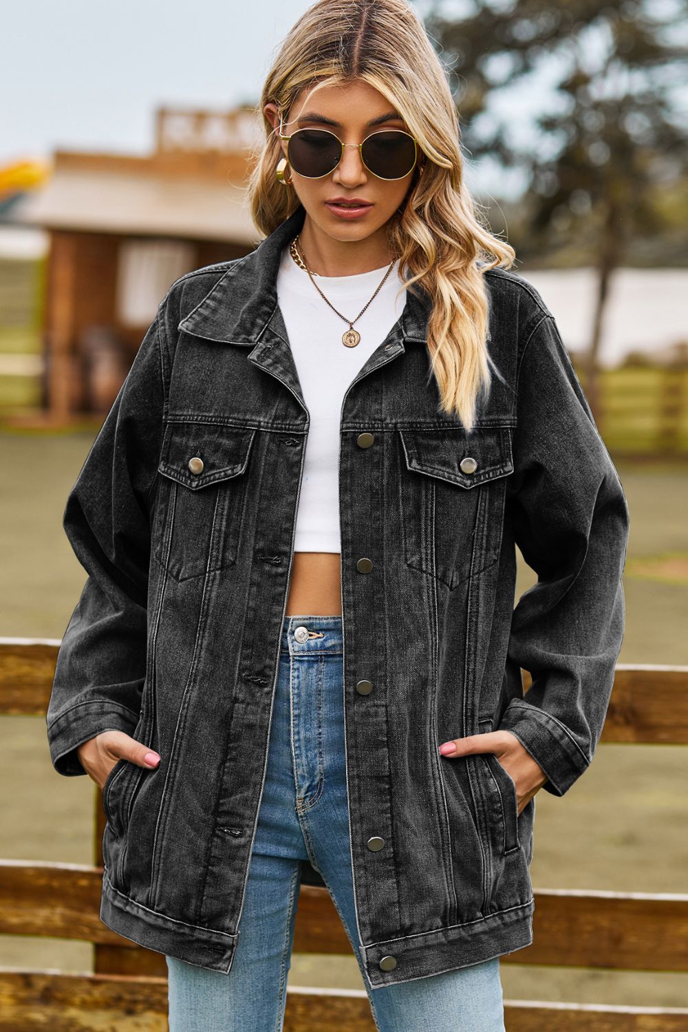 Buttoned Collared Neck Denim Jacket with Pockets (In-Store)