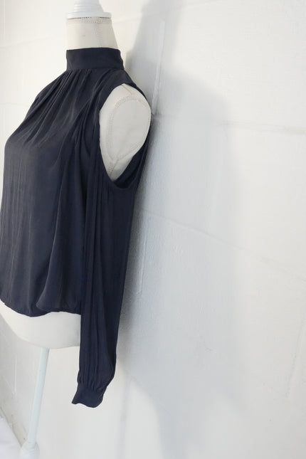 Mono B Cold Shoulder Blouse Women Medium Gray Mock Neck Pleated Backless Top