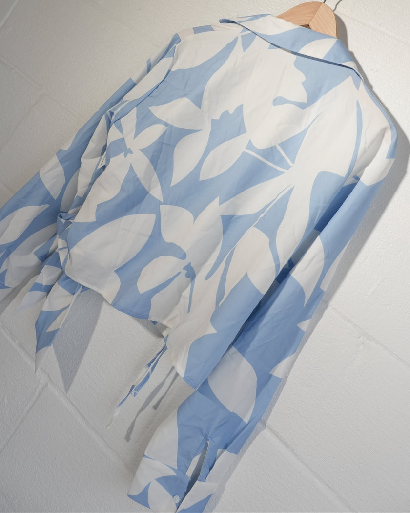 SHEIN Wrap Blouse Women Large Blue White Floral Abstract Long Sleeve Tie Top