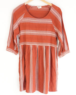 Entro Women Rust Terracotta Striped Babydoll Tunic Dress 3/4 Sleeve Large