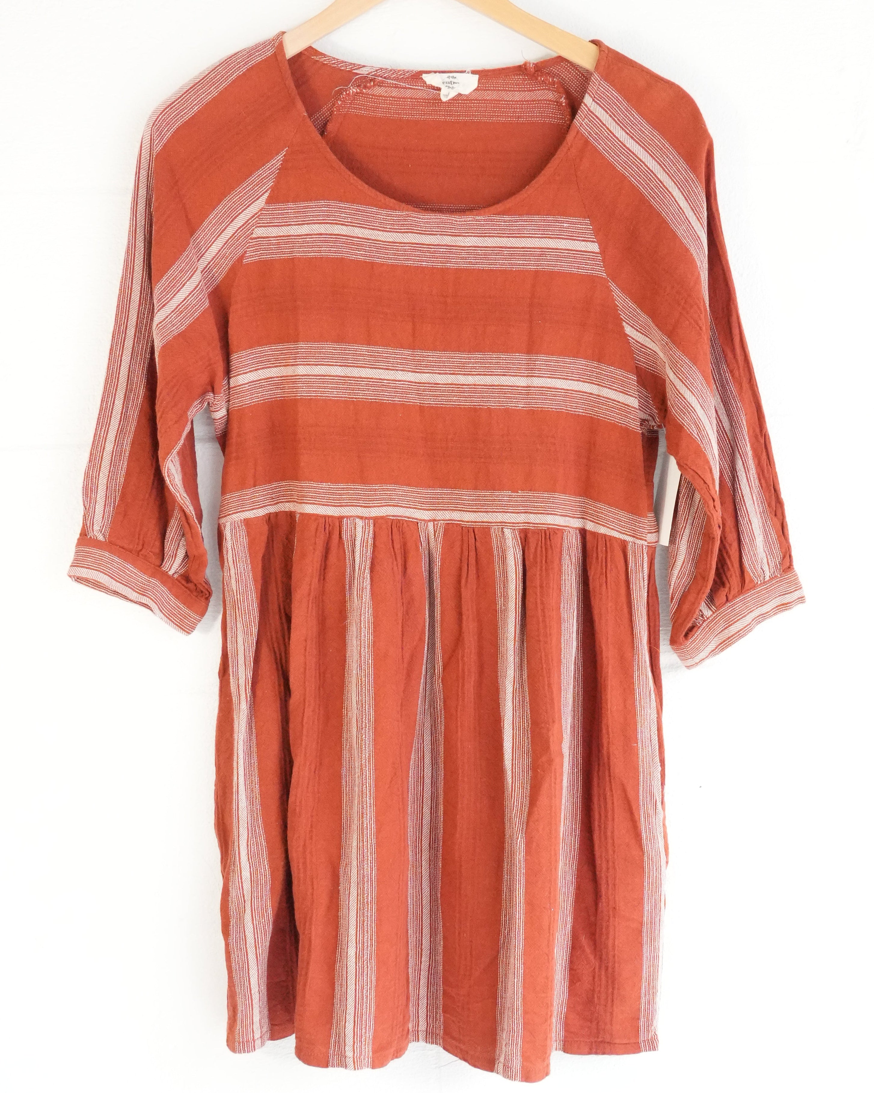 Entro Women Rust Terracotta Striped Babydoll Tunic Dress 3/4 Sleeve Large