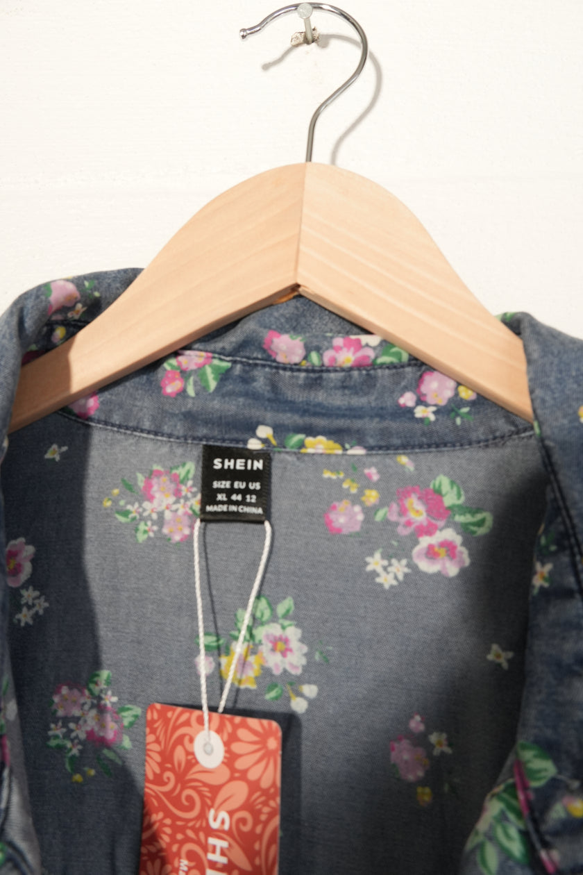 SHEIN Button Down Shirt Women X-Large Blue Floral Fringe Western Denim Top