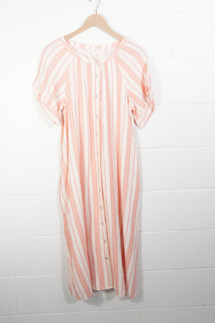Time and Tru Double Cloth Midi Dress Women Large Coral Peony Striped Button