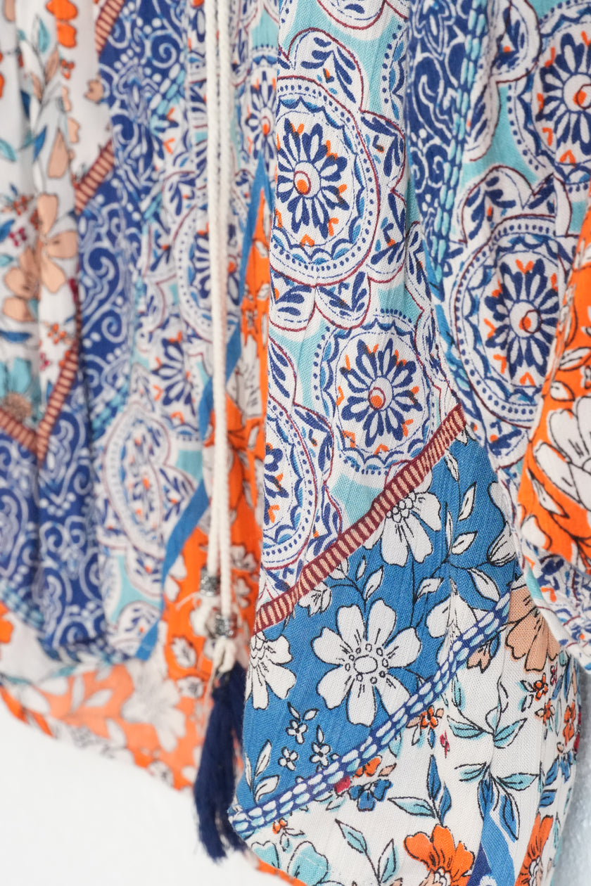 Lola P. Patchwork Floral Blouse Women Medium Blue Orange Boho Tassel Top