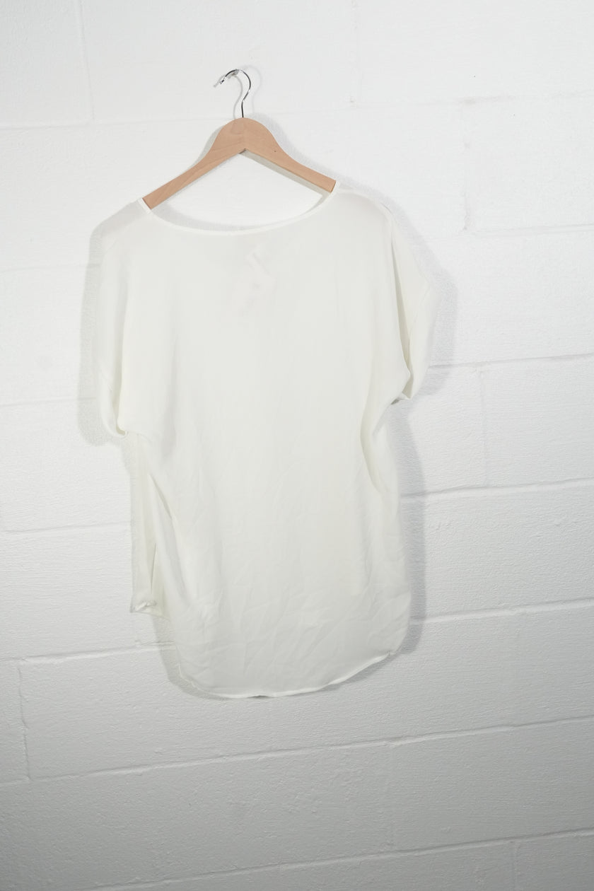 Zenana Outfitters Blouse Women Large White V-Neck Short Sleeve Rolled Cuff Top