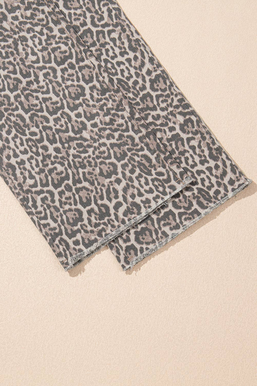 Brown Leopard Frayed Edge Wide Leg High Waist Jeans