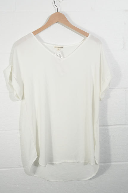 Zenana Outfitters Blouse Women Large White V-Neck Short Sleeve Rolled Cuff Top