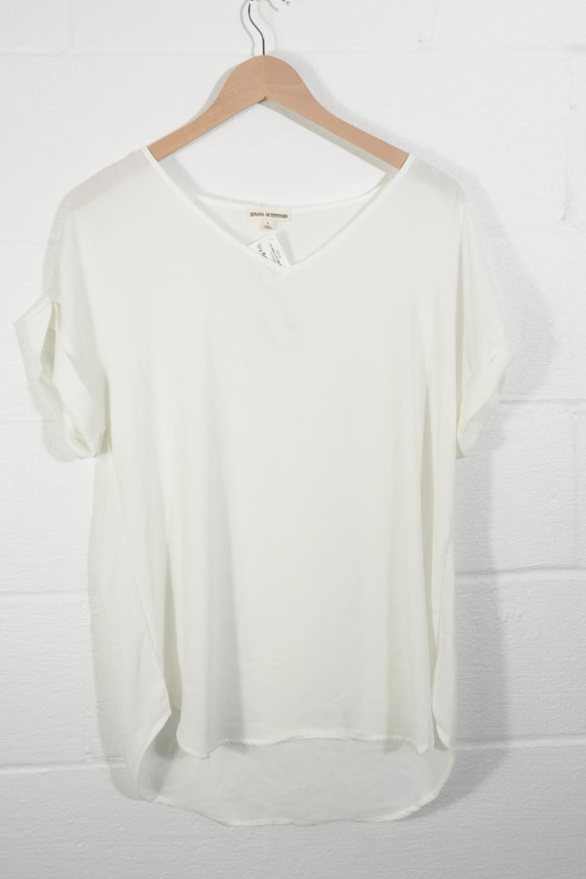 Zenana Outfitters Blouse Women Large White V-Neck Short Sleeve Rolled Cuff Top