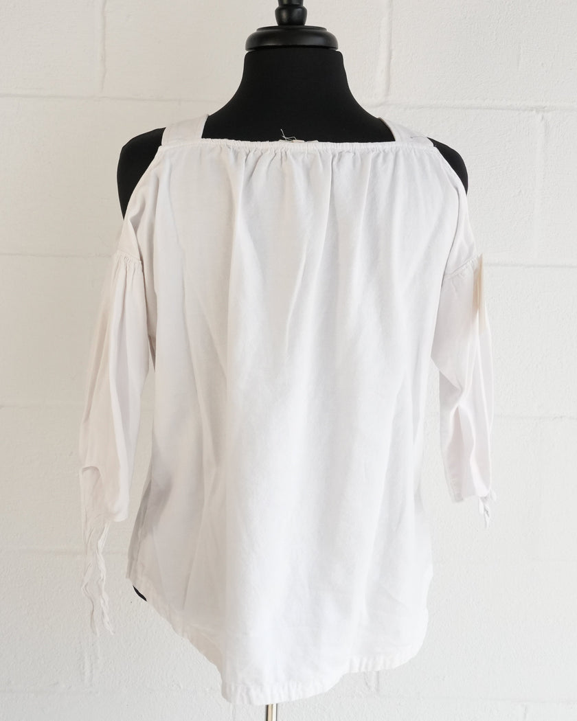 Madewell Womens XS White Cold Shoulder Tie Sleeve Blouse Square Neck Top