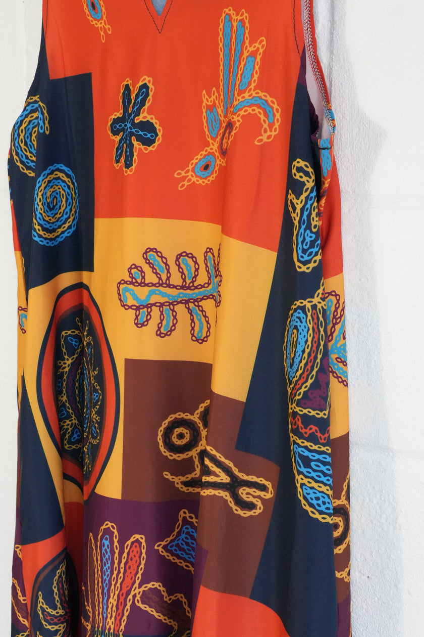 Abstract Print Maxi Dress Women Medium Orange Geometric Sleeveless