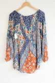 Lola P. Patchwork Floral Blouse Women Medium Blue Orange Boho Tassel Top