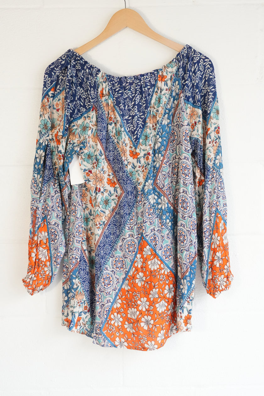Lola P. Patchwork Floral Blouse Women Medium Blue Orange Boho Tassel Top