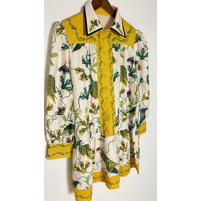 Button Up Long Sleeve Dress with Bold Bird Pattern Size Large