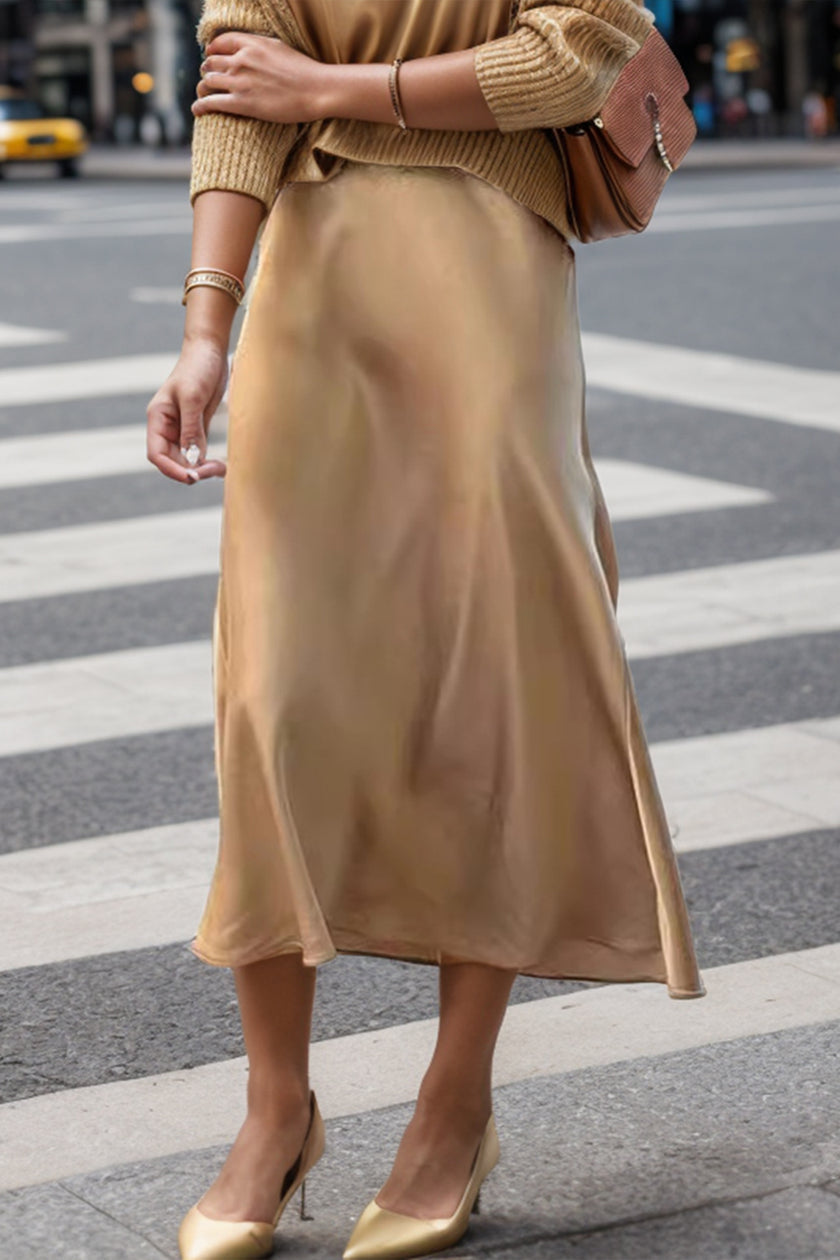 High Waist Cream Midi Skirt