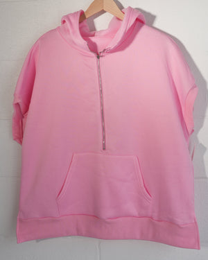 Shein Half Zip Hoodie Women Large Pink Short Sleeve Kangaroo Pocket