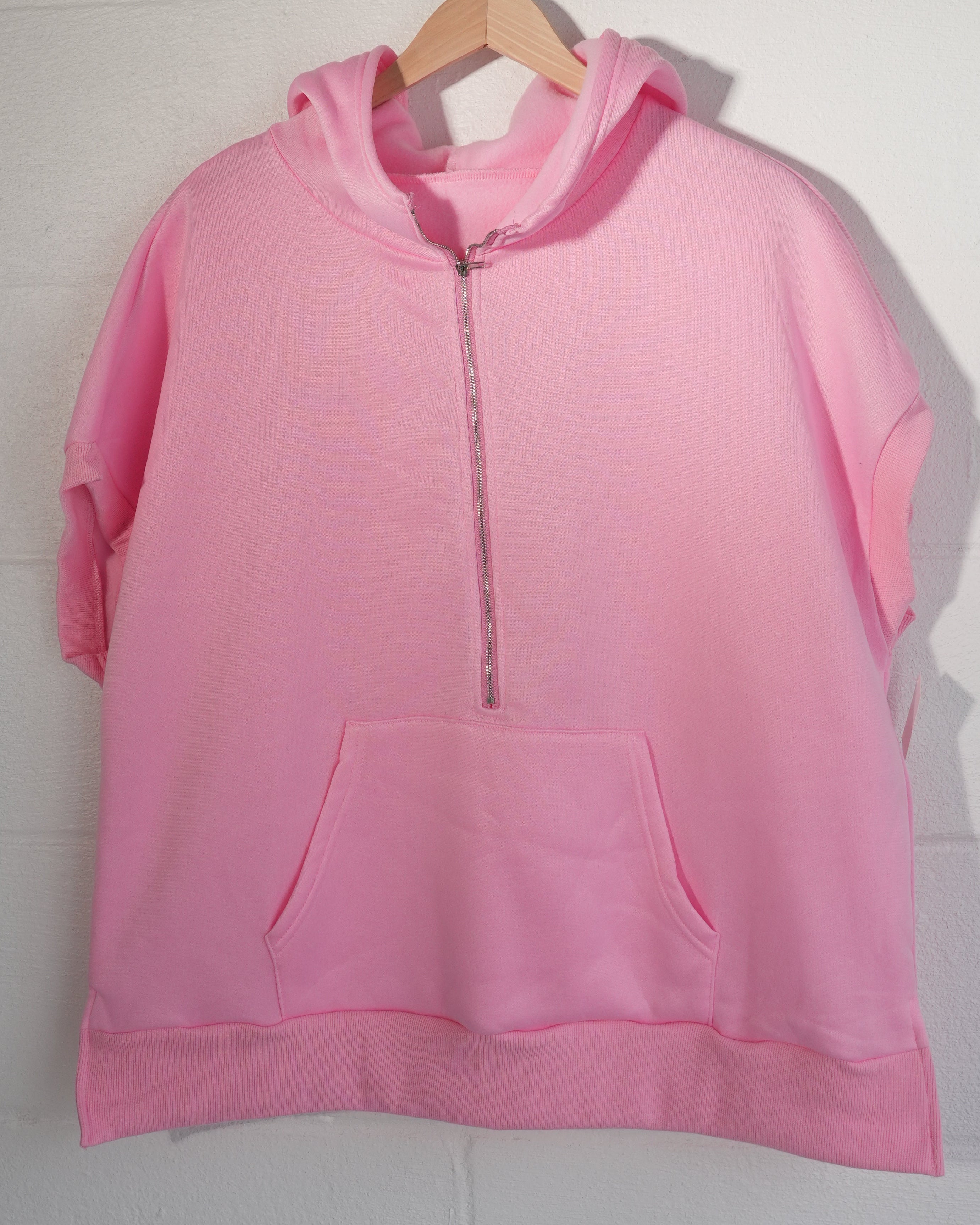 Shein Half Zip Hoodie Women Large Pink Short Sleeve Kangaroo Pocket
