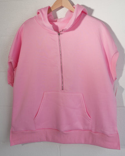 Shein Half Zip Hoodie Women Large Pink Short Sleeve Kangaroo Pocket