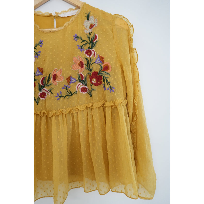 Zara Trafaluc Collection Mustard Yellow Embroidered Long Sleeve Blouse Size Medium