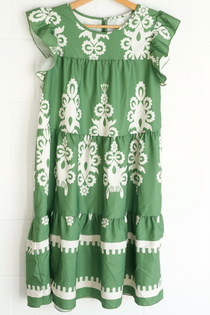 Shein Tiered Dress Women Large Green White Flutter Sleeve Damask Print Babydoll