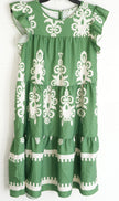 Shein Tiered Dress Women Large Green White Flutter Sleeve Damask Print Babydoll