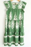 Shein Tiered Dress Women Large Green White Flutter Sleeve Damask Print Babydoll