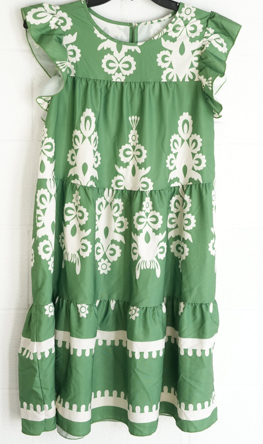 Shein Tiered Dress Women Large Green White Flutter Sleeve Damask Print Babydoll