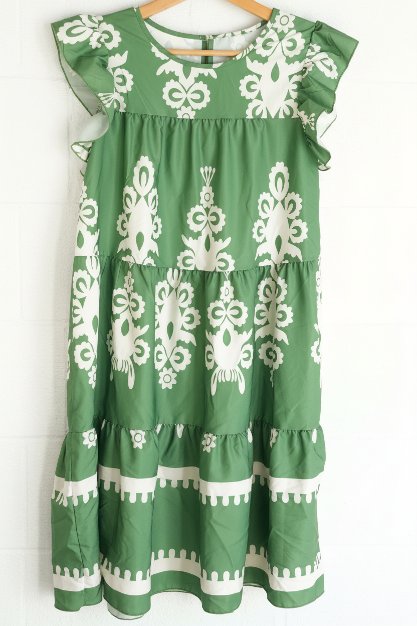 Shein Tiered Dress Women Large Green White Flutter Sleeve Damask Print Babydoll