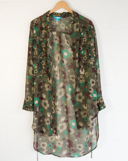L'Amour Nanette Lepore Floral Button Down Tunic Women Medium Green Sheer