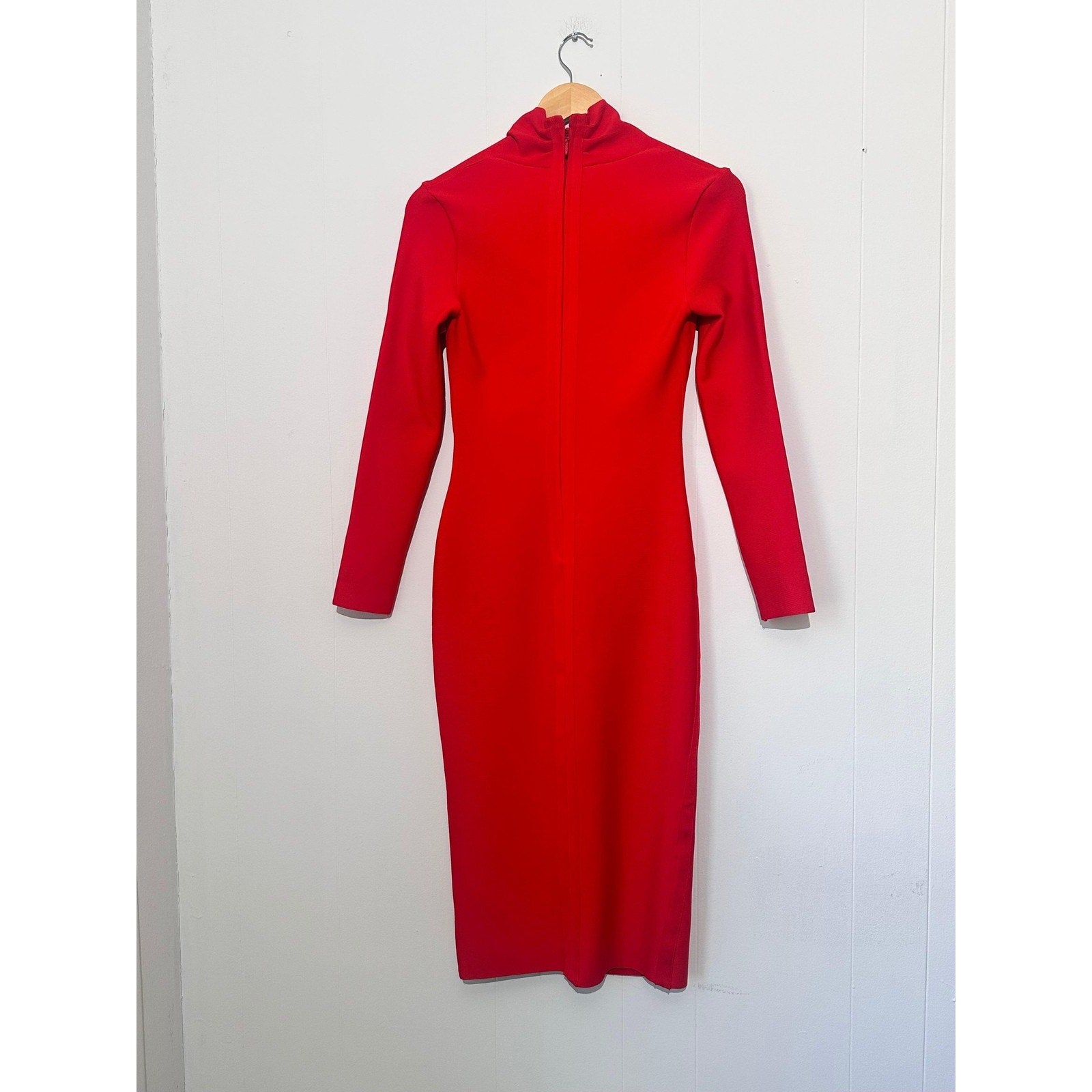 Dress Womens Medium Red V Neck Long Sleeve Ruched Sheath Midi Cocktail Party