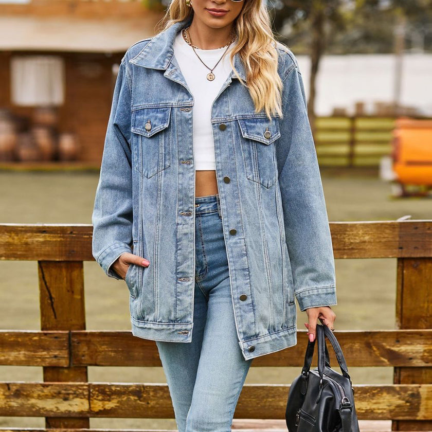 Buttoned Collared Neck Denim Jacket with Pockets (In-Store)