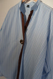 SHEIN Button Up Shirt Women Large Blue White Striped Contrast Trim Stand Collar